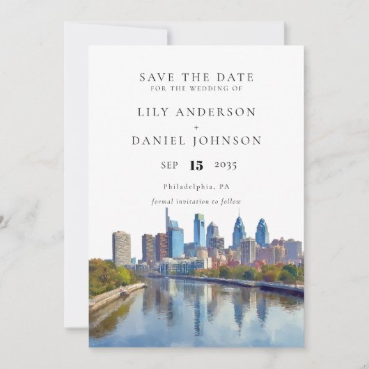 Philadelphia Skyline Aquarell Elegante Hochzeit Save The Date (Vorderseite)