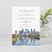 Philadelphia Skyline Aquarell Elegante Hochzeit Save The Date (Stehend Vorderseite)