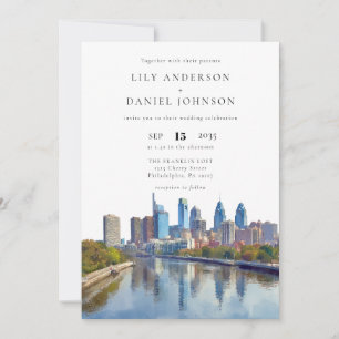 Philadelphia Skyline Aquarell QR-Code Hochzeit Einladung