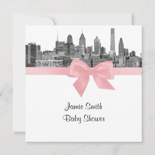 Philadelphia Skyline Ätzung Schwarz-Weiß Rosa Baby Einladung