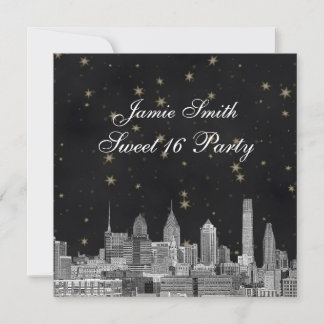 Philadelphia Skyline Black Gold Star Sweet 16 Einladung