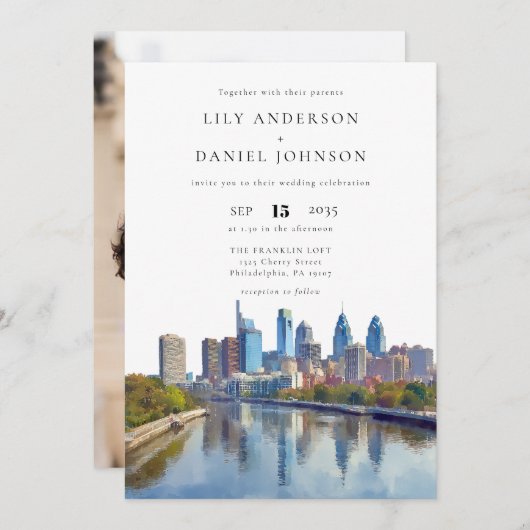 Philadelphia Skyline Destination Photo Wedding Einladung (Vorne/Hinten)