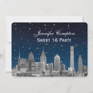 Philadelphia Skyline Etch Blue Starry Sweet 16 H Einladung