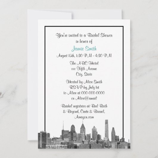 Philadelphia Skyline Etch BW Aquamarin V Brautpart Einladung (Rückseite)
