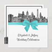 Philadelphia Skyline Etch BW Robin Egg Blu Wedding Einladung (Vorne/Hinten)