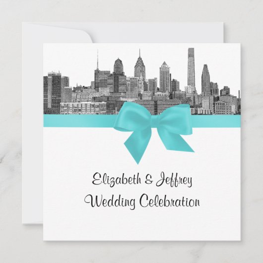 Philadelphia Skyline Etch BW Robin Egg Blu Wedding Einladung (Vorderseite)