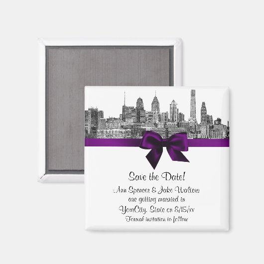 Philadelphia Skyline Etch BW Save the Date Lila Magnet (Vorderseite/Rückseite)