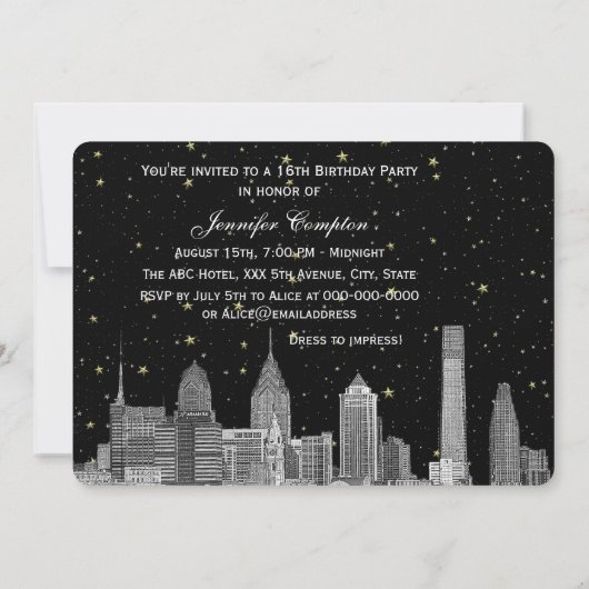 Philadelphia Skyline Etch Starry DIY BG Sweet 16 H Einladung (Rückseite)
