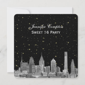 Philadelphia Skyline Etch Starry DIY SQ Sweet 16 Einladung