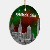 Philadelphia Skyline Green Red Starry Sky Xmas Keramikornament (Rechts)