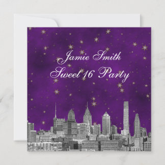 Philadelphia Skyline Lila Gold Stern Sweet 16 Einladung