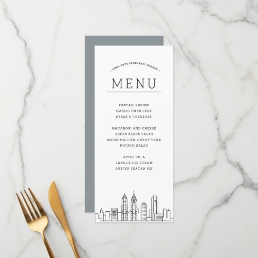 Philadelphia Skyline | Menü für Hochzeiten Menükarte (Vorderseite/Rückseite Beispiel)