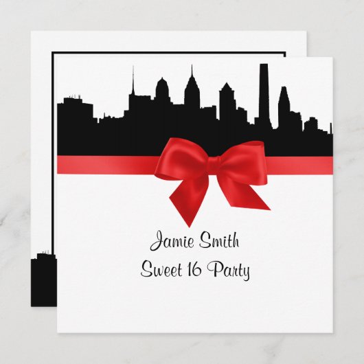 Philadelphia Skyline Silhouette Red 16 . Geburtsta Einladung (Vorne/Hinten)
