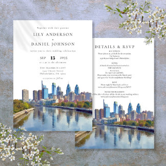 Philadelphia Skyline Watercolor All In One Wedding Einladung