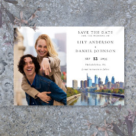 Philadelphia Skyline Watercolor Photo Wedding Save The Date
