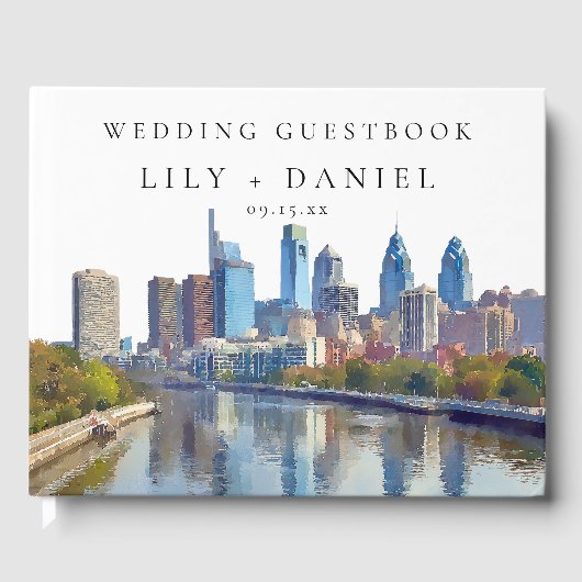 Philadelphia Skyline Watercolor Wedding Gästebuch (Vorderseite)