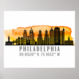 Philadelphia Sunset Skyline Map Koordinaten Poster