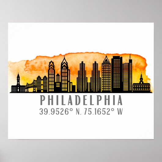 Philadelphia Sunset Skyline Map Koordinaten Poster (Vorne)