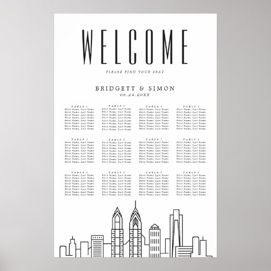 Philadelphia Wedding | 12 Tabelle Seating Chart Poster (Vorne)