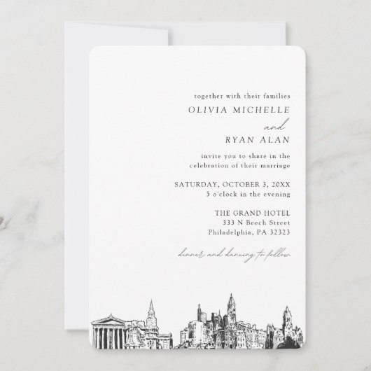 Philadelphia Wedding Elegant Skyline Einladung (Vorderseite)