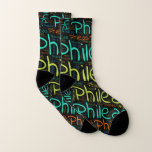 Phileas Socken<br><div class="desc">Phileas. Show and wear this popular beautiful male first name designed as colorful wordcloud made of horizontal and vertical cursive hand lettering typography in different sizes and adorable fresh colors. Wear your positive french name or show the world whom you love or adore. Merch with this soft text artwork is...</div>