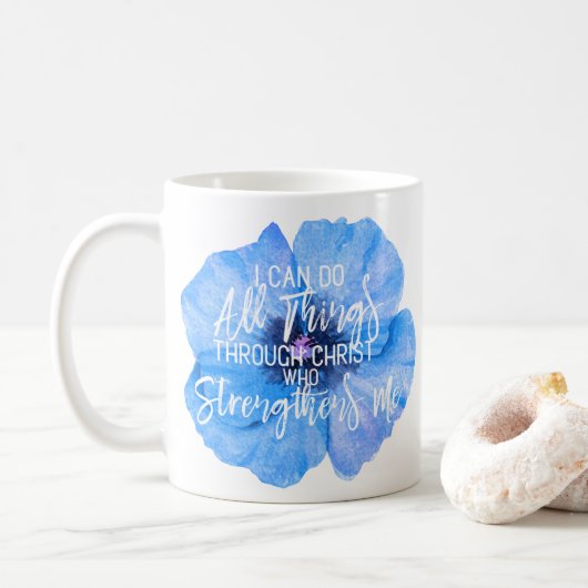 Philippians-4:13 schöner blauer Blumen-Entwurf Kaffeetasse (Mit Donut)
