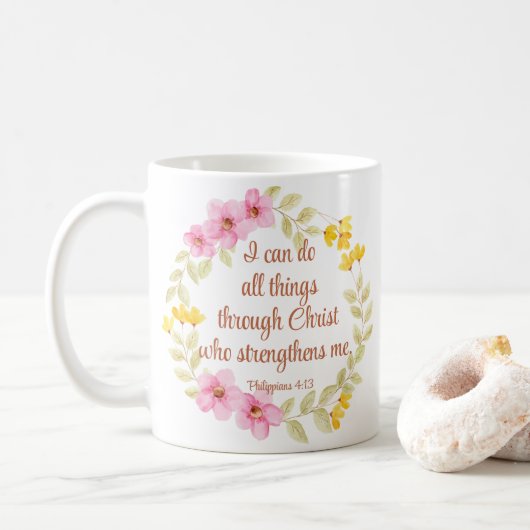 Philippinen 4:13 Rosa und Gelbe Schrift Kaffeetasse (Mit Donut)