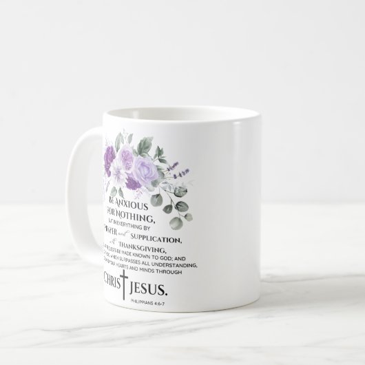Philippinen 4:6-7 Schrift Purple Flowers Kaffeetasse (Vorderseite Links)