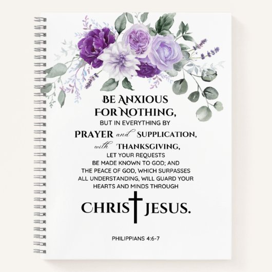 Philippinen 4:6-7 Schrift Purple Flowers Notizblock (Vorderseite)