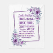Philippinen 4:8 Noble Bibelverse Lila Blütenblüte Fleecedecke (Vorderseite)