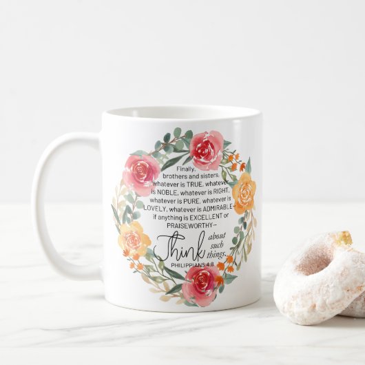Philippinen 4:8 Rosa und gelbe Blumenreste Kaffeetasse (Mit Donut)