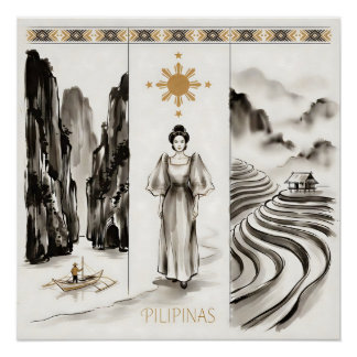 Philippinen-El Nido & Reisterrassen-Tuschezeichnun Poster