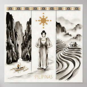 Philippinen-El Nido & Reisterrassen-Tuschezeichnun Poster