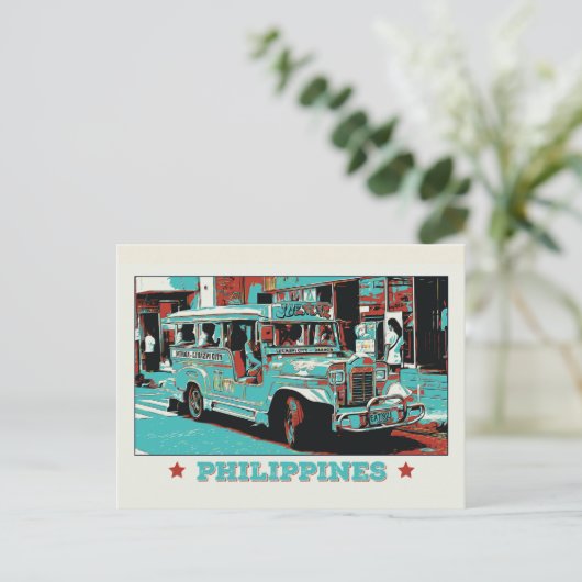 Philippinen, ikonischer Jeepney in Manila Postkarte (Stehend Vorderseite)