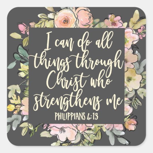 Philippiner 4:13 Bibelverse Hübsche Pastelle Flora Quadratischer Aufkleber (Vorderseite)