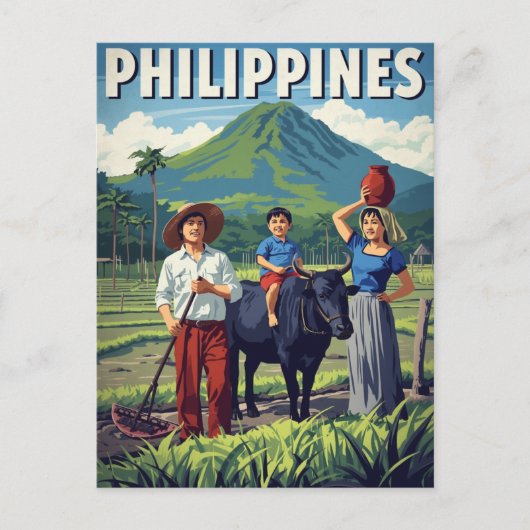 Philippines Rice Field Family Retro Postkarte (Vorderseite)