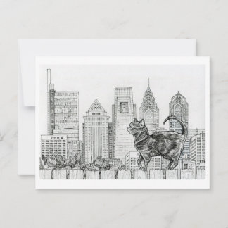 Philly Skyline - Cat on Fence Postcard Postkarte
