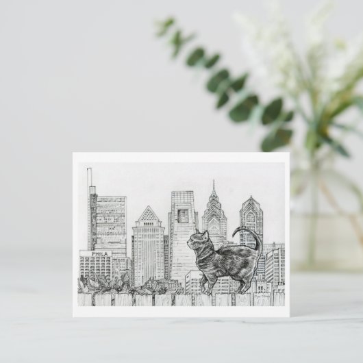 Philly Skyline - Cat on Fence Postcard Postkarte (Stehend Vorderseite)