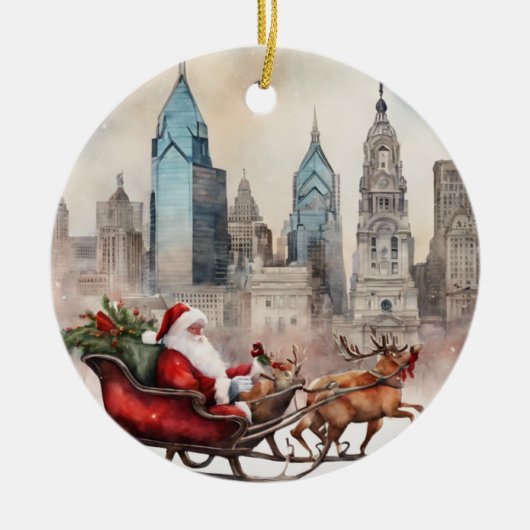 Philly Skyline mit Santa & Reindeer Keramik Ornament (Vorne)