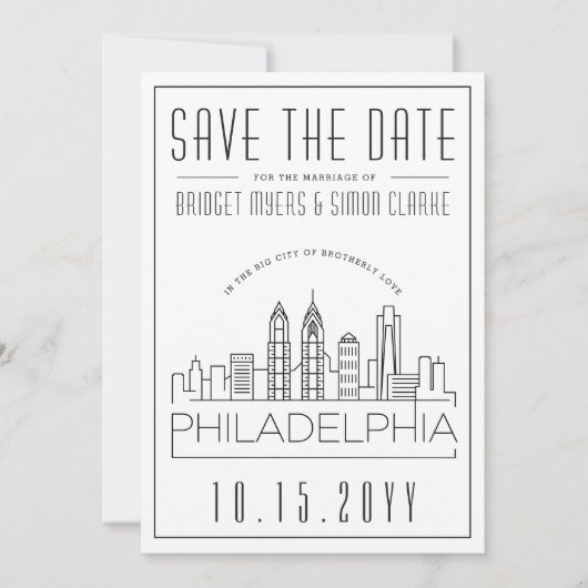 Philly Wedding | Stilisierte Skyline Save the Date Einladung (Vorderseite)