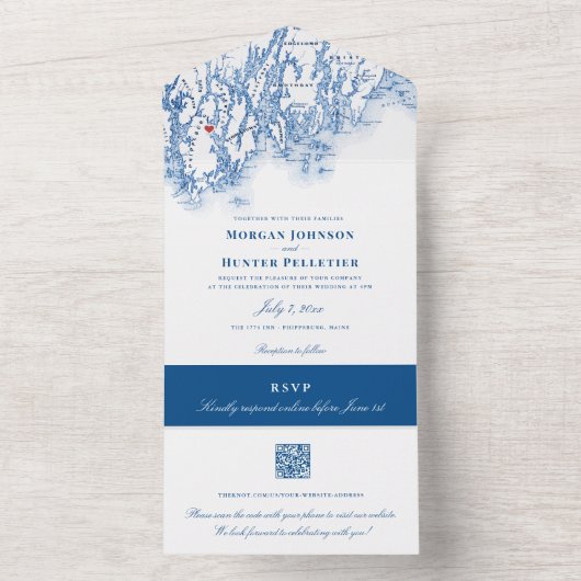 Phippsburg Maine Elegant Navy QR Wedding All In One Einladung (Innen Boden)