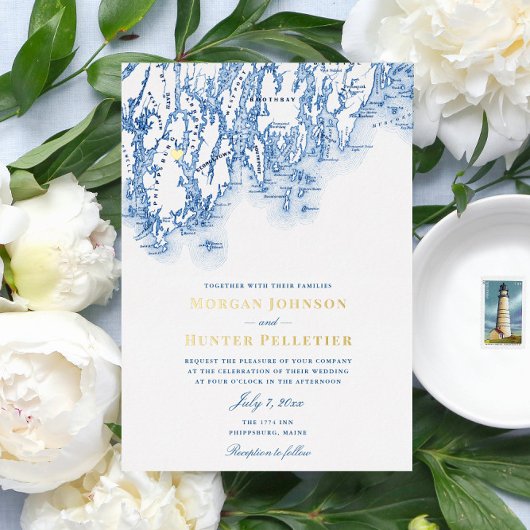 Phippsburg Maine Wedding Elegantes Gold Folieneinladung