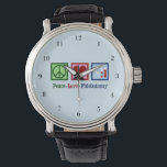 Phlebotomist Peace Liebe Phlebotomy Office Armbanduhr<br><div class="desc">Ein cooles Phlebotomist Armbanduhr Weihnachtsgeschenk für einen Blutexperten zeichne und Nadeln. Ein Friedenszeichen,  Herz und Durchstechflaschen aus Blut. Peace Liebe Phlebotomy watch.</div>