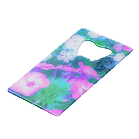 Phlox-Blume in Rosa, Grün, Blau und Weiß. Geldbeutel Flaschenöffner (Vorderseite Schrägansicht)