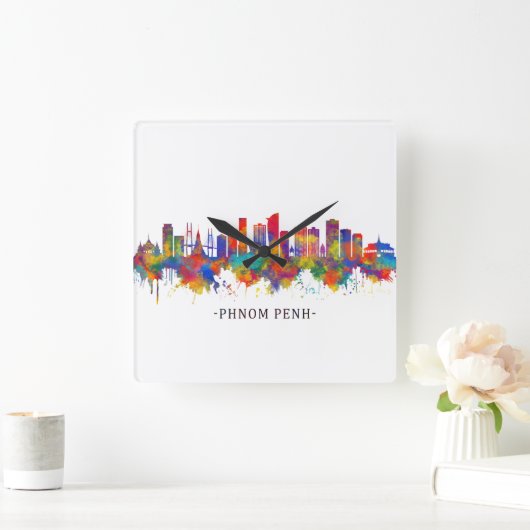 Phnom Penh Cambodia Skyline Quadratische Wanduhr (Zuhause)