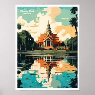 Phnom Penh Cambodia Vintage Travel Illustration Poster
