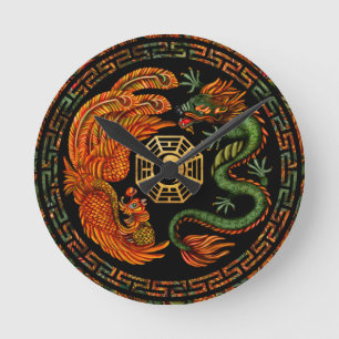 Phoenix and Dragon with bagua #2 Runde Wanduhr