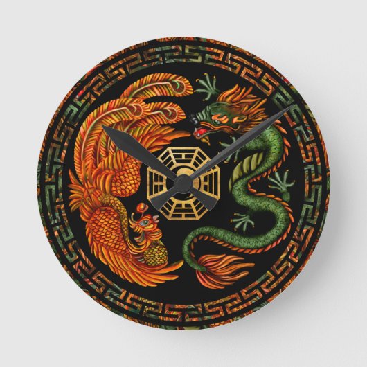 Phoenix and Dragon with bagua #2 Runde Wanduhr (Vorderseite)