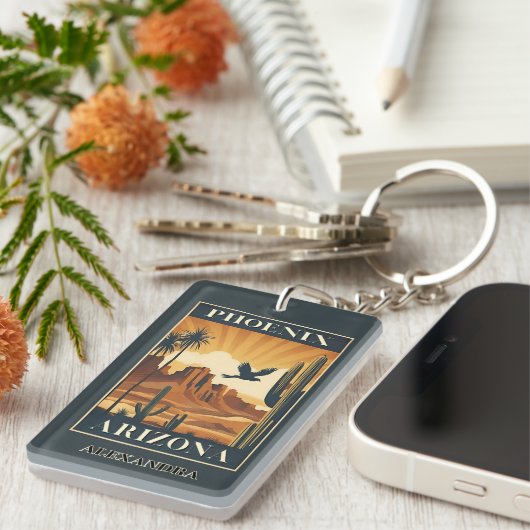 Phoenix Arizona Retro Travel Optional Custom Name Schlüsselanhänger (Vorderseite rechts)