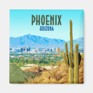 Phoenix Arizona Stadt Kaktus und Berg Vintage Magnet